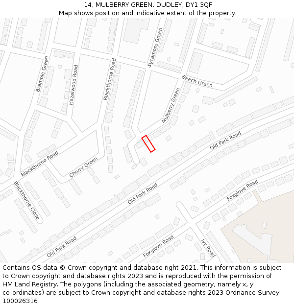 14, MULBERRY GREEN, DUDLEY, DY1 3QF: Location map and indicative extent of plot