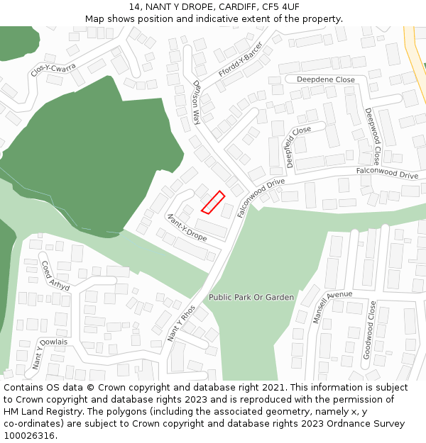 14, NANT Y DROPE, CARDIFF, CF5 4UF: Location map and indicative extent of plot