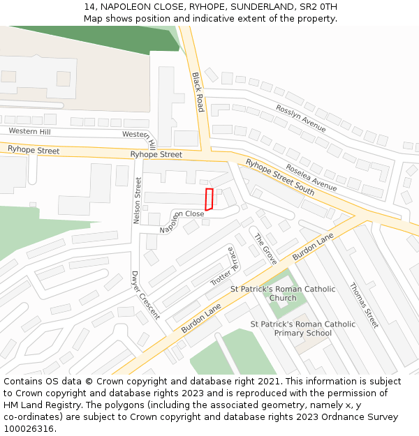 14, NAPOLEON CLOSE, RYHOPE, SUNDERLAND, SR2 0TH: Location map and indicative extent of plot