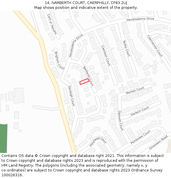 14, NARBERTH COURT, CAERPHILLY, CF83 2UJ: Location map and indicative extent of plot