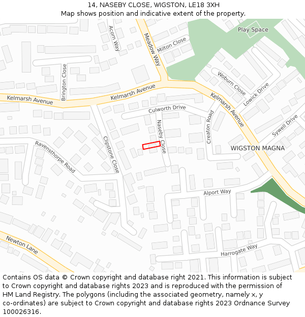 14, NASEBY CLOSE, WIGSTON, LE18 3XH: Location map and indicative extent of plot