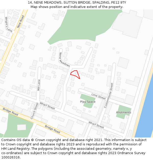 14, NENE MEADOWS, SUTTON BRIDGE, SPALDING, PE12 9TY: Location map and indicative extent of plot