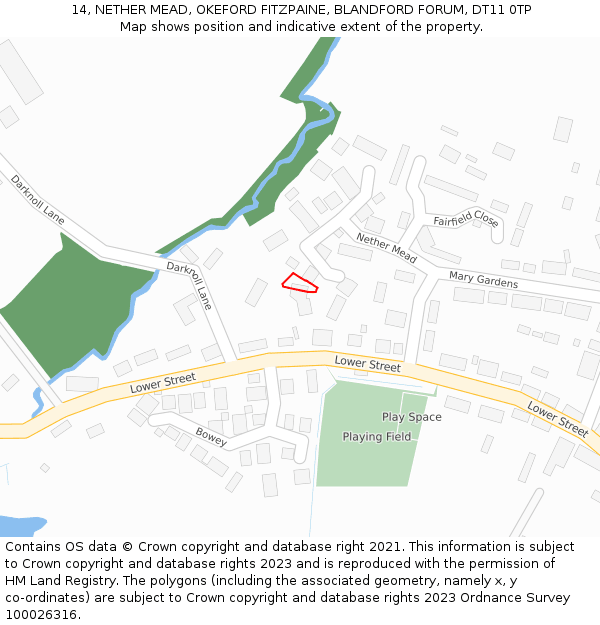 14, NETHER MEAD, OKEFORD FITZPAINE, BLANDFORD FORUM, DT11 0TP: Location map and indicative extent of plot