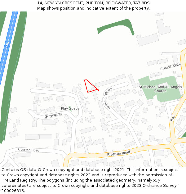 14, NEWLYN CRESCENT, PURITON, BRIDGWATER, TA7 8BS: Location map and indicative extent of plot