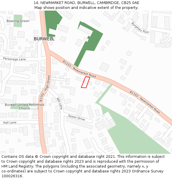 14, NEWMARKET ROAD, BURWELL, CAMBRIDGE, CB25 0AE: Location map and indicative extent of plot