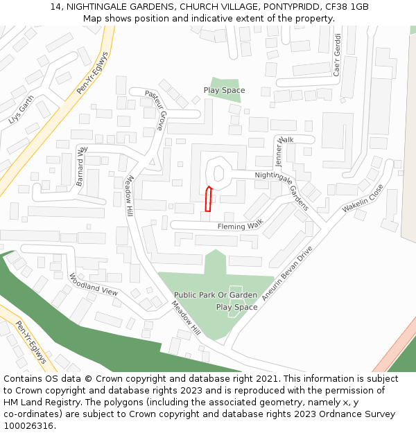 14, NIGHTINGALE GARDENS, CHURCH VILLAGE, PONTYPRIDD, CF38 1GB: Location map and indicative extent of plot