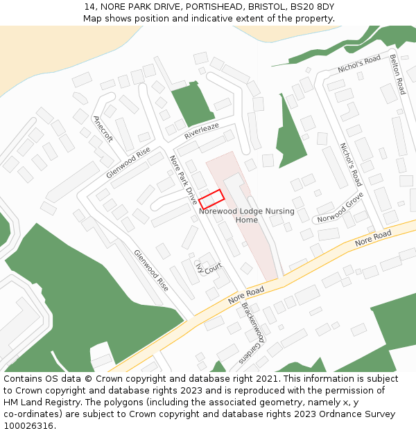 14, NORE PARK DRIVE, PORTISHEAD, BRISTOL, BS20 8DY: Location map and indicative extent of plot