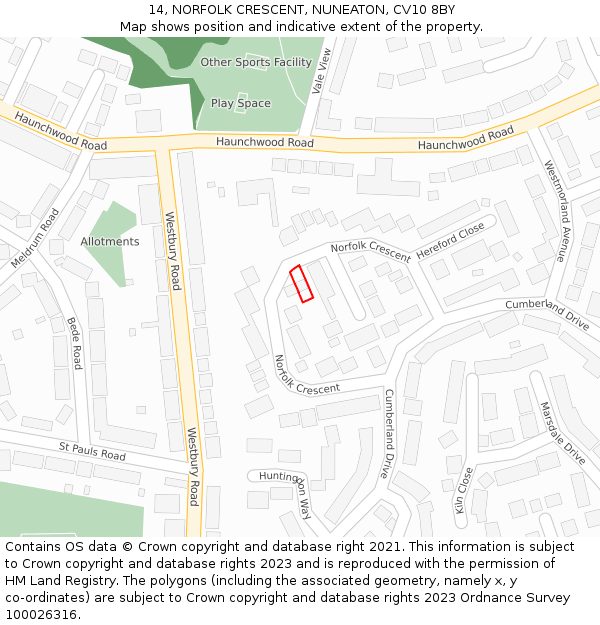 14, NORFOLK CRESCENT, NUNEATON, CV10 8BY: Location map and indicative extent of plot