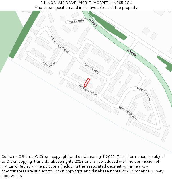 14, NORHAM DRIVE, AMBLE, MORPETH, NE65 0GU: Location map and indicative extent of plot