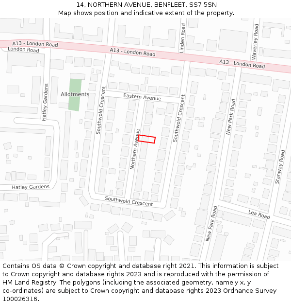 14, NORTHERN AVENUE, BENFLEET, SS7 5SN: Location map and indicative extent of plot