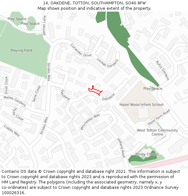 14, OAKDENE, TOTTON, SOUTHAMPTON, SO40 8FW: Location map and indicative extent of plot