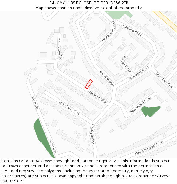 14, OAKHURST CLOSE, BELPER, DE56 2TR: Location map and indicative extent of plot