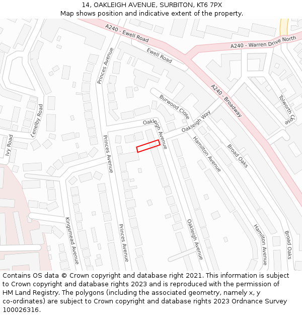 14, OAKLEIGH AVENUE, SURBITON, KT6 7PX: Location map and indicative extent of plot