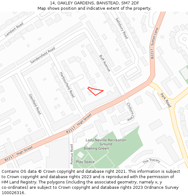 14, OAKLEY GARDENS, BANSTEAD, SM7 2DF: Location map and indicative extent of plot