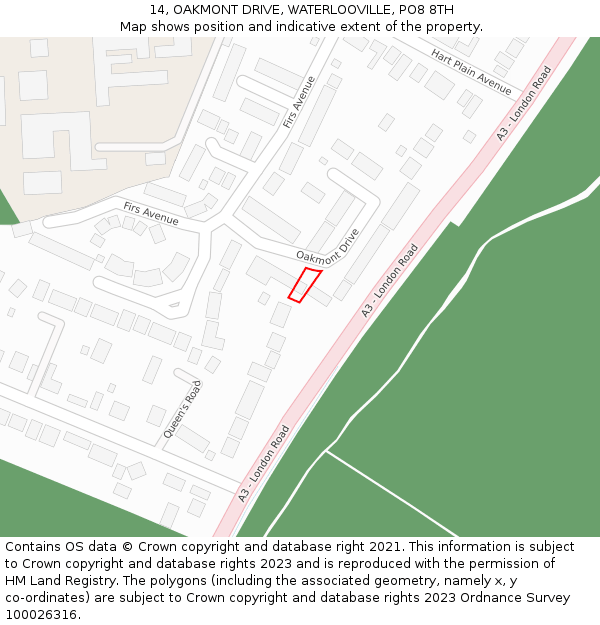 14, OAKMONT DRIVE, WATERLOOVILLE, PO8 8TH: Location map and indicative extent of plot