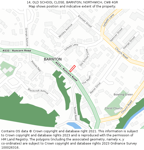 14, OLD SCHOOL CLOSE, BARNTON, NORTHWICH, CW8 4GR: Location map and indicative extent of plot