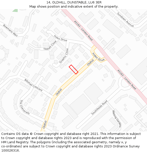 14, OLDHILL, DUNSTABLE, LU6 3ER: Location map and indicative extent of plot
