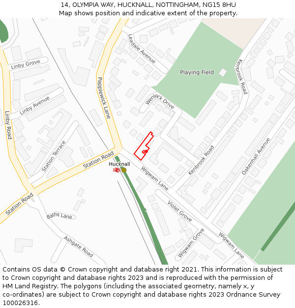 14, OLYMPIA WAY, HUCKNALL, NOTTINGHAM, NG15 8HU: Location map and indicative extent of plot