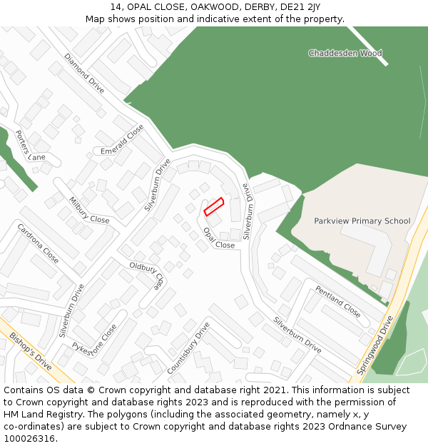 14, OPAL CLOSE, OAKWOOD, DERBY, DE21 2JY: Location map and indicative extent of plot