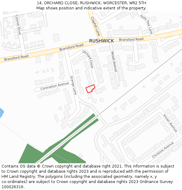 14, ORCHARD CLOSE, RUSHWICK, WORCESTER, WR2 5TH: Location map and indicative extent of plot