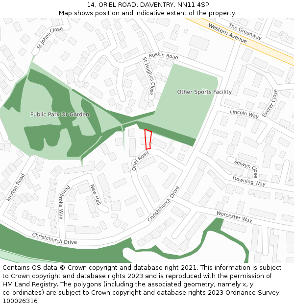 14, ORIEL ROAD, DAVENTRY, NN11 4SP: Location map and indicative extent of plot