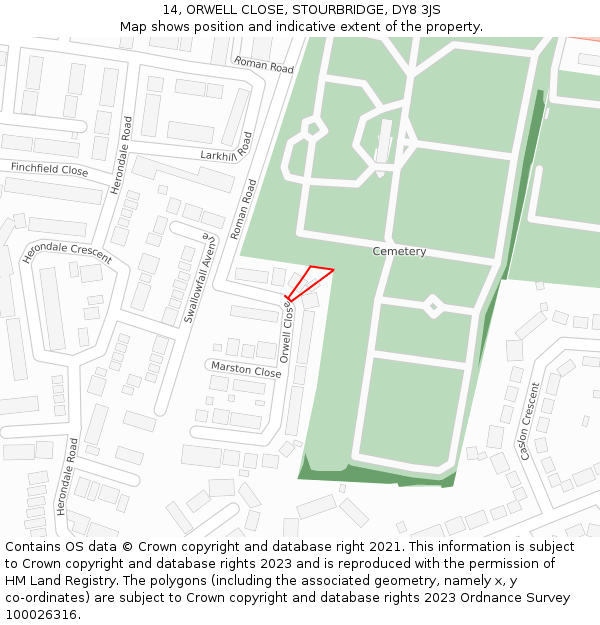 14, ORWELL CLOSE, STOURBRIDGE, DY8 3JS: Location map and indicative extent of plot