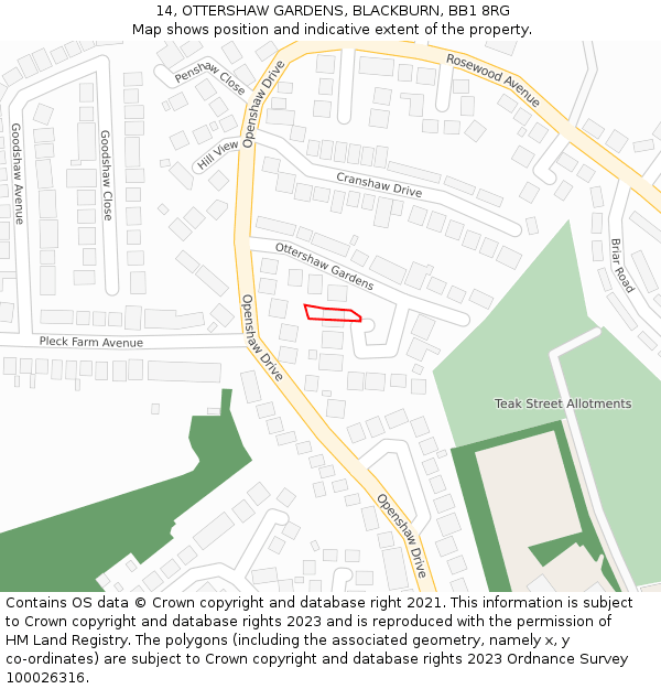 14, OTTERSHAW GARDENS, BLACKBURN, BB1 8RG: Location map and indicative extent of plot