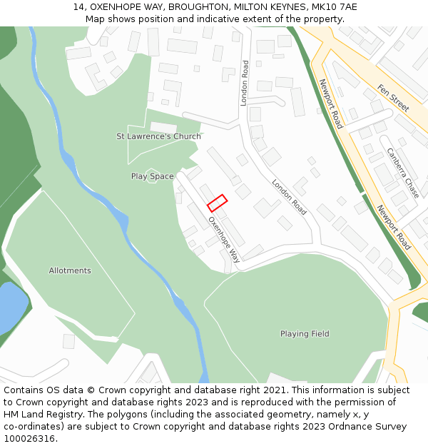 14, OXENHOPE WAY, BROUGHTON, MILTON KEYNES, MK10 7AE: Location map and indicative extent of plot