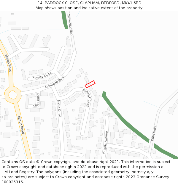 14, PADDOCK CLOSE, CLAPHAM, BEDFORD, MK41 6BD: Location map and indicative extent of plot