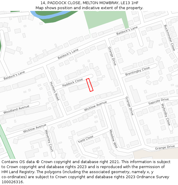 14, PADDOCK CLOSE, MELTON MOWBRAY, LE13 1HF: Location map and indicative extent of plot