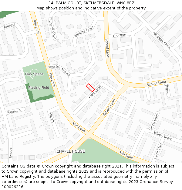 14, PALM COURT, SKELMERSDALE, WN8 8PZ: Location map and indicative extent of plot