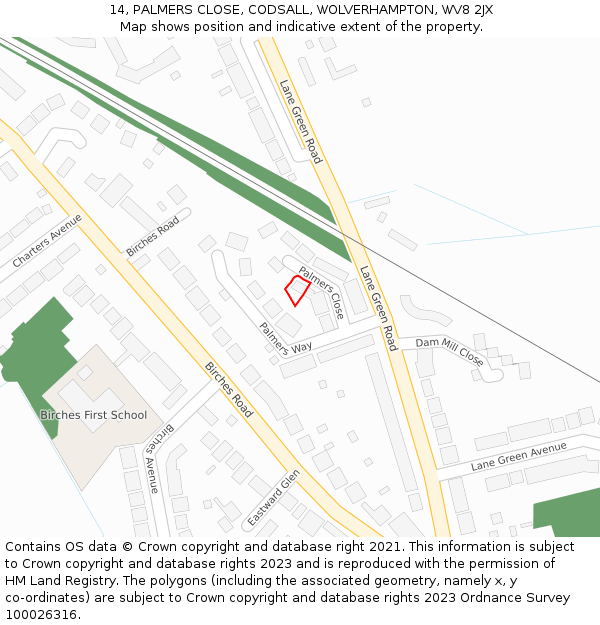 14, PALMERS CLOSE, CODSALL, WOLVERHAMPTON, WV8 2JX: Location map and indicative extent of plot