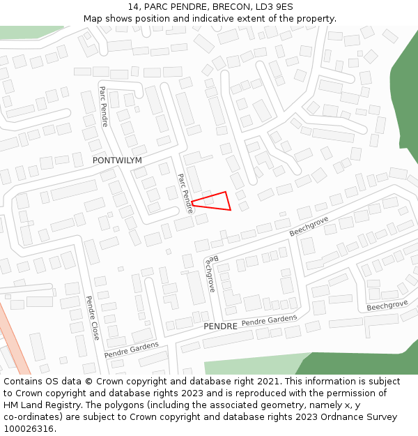 14, PARC PENDRE, BRECON, LD3 9ES: Location map and indicative extent of plot