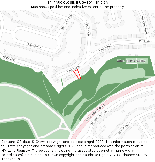 14, PARK CLOSE, BRIGHTON, BN1 9AJ: Location map and indicative extent of plot