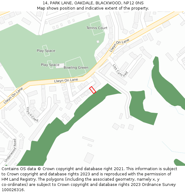 14, PARK LANE, OAKDALE, BLACKWOOD, NP12 0NS: Location map and indicative extent of plot