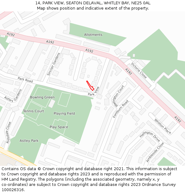 14, PARK VIEW, SEATON DELAVAL, WHITLEY BAY, NE25 0AL: Location map and indicative extent of plot