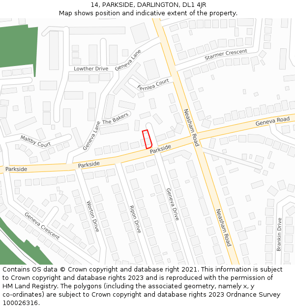 14, PARKSIDE, DARLINGTON, DL1 4JR: Location map and indicative extent of plot