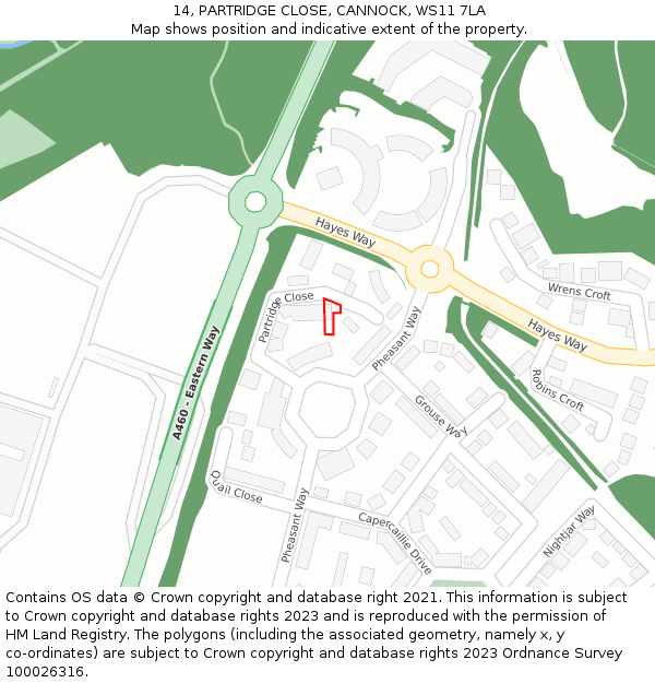 14, PARTRIDGE CLOSE, CANNOCK, WS11 7LA: Location map and indicative extent of plot