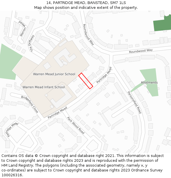 14, PARTRIDGE MEAD, BANSTEAD, SM7 1LS: Location map and indicative extent of plot