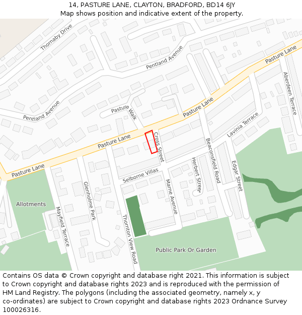 14, PASTURE LANE, CLAYTON, BRADFORD, BD14 6JY: Location map and indicative extent of plot