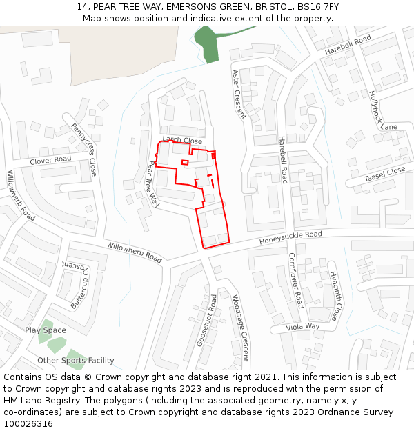 14, PEAR TREE WAY, EMERSONS GREEN, BRISTOL, BS16 7FY: Location map and indicative extent of plot