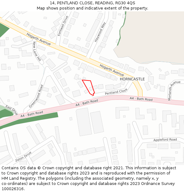 14, PENTLAND CLOSE, READING, RG30 4QS: Location map and indicative extent of plot