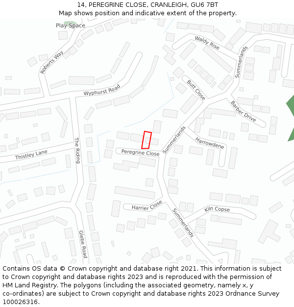 14, PEREGRINE CLOSE, CRANLEIGH, GU6 7BT: Location map and indicative extent of plot