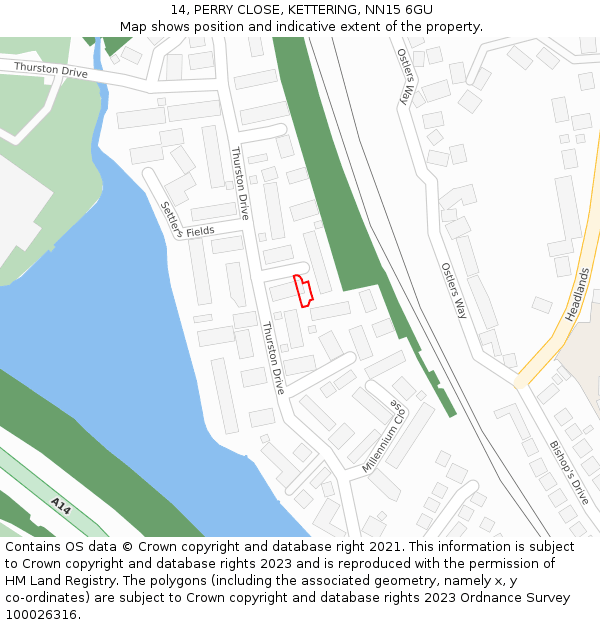 14, PERRY CLOSE, KETTERING, NN15 6GU: Location map and indicative extent of plot