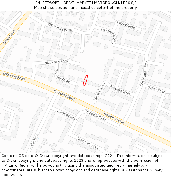 14, PETWORTH DRIVE, MARKET HARBOROUGH, LE16 8JP: Location map and indicative extent of plot