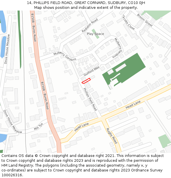 14, PHILLIPS FIELD ROAD, GREAT CORNARD, SUDBURY, CO10 0JH: Location map and indicative extent of plot