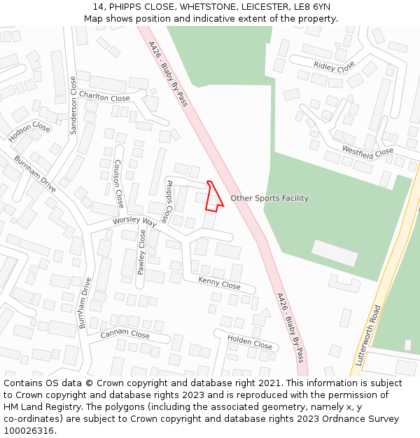 14, PHIPPS CLOSE, WHETSTONE, LEICESTER, LE8 6YN: Location map and indicative extent of plot