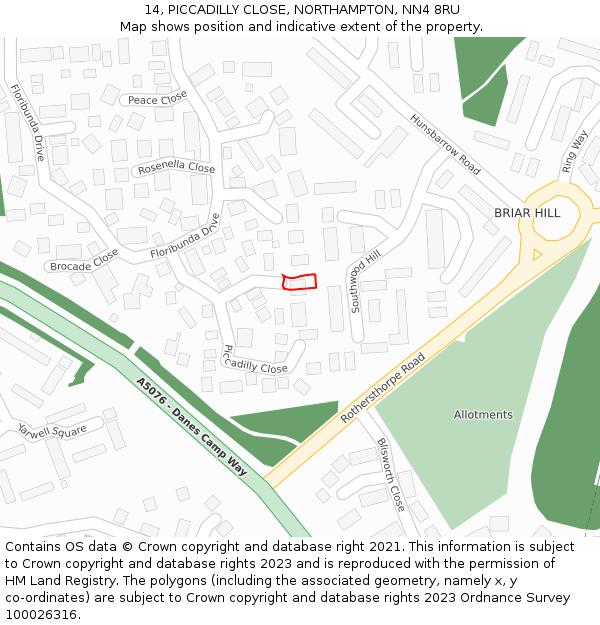 14, PICCADILLY CLOSE, NORTHAMPTON, NN4 8RU: Location map and indicative extent of plot