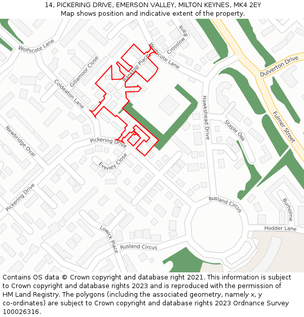 14, PICKERING DRIVE, EMERSON VALLEY, MILTON KEYNES, MK4 2EY: Location map and indicative extent of plot