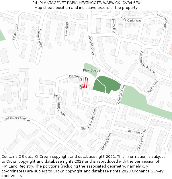 14, PLANTAGENET PARK, HEATHCOTE, WARWICK, CV34 6EX: Location map and indicative extent of plot